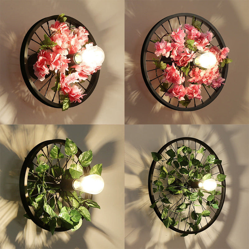 Vivolux | Schwarz 1 Licht Wandmontage Licht Loft Industrie Metallrad Design Wandbeleuchtung mit künstlicher Blumen-/Blattdekoration, 12,5"/16,5" Durchmesser