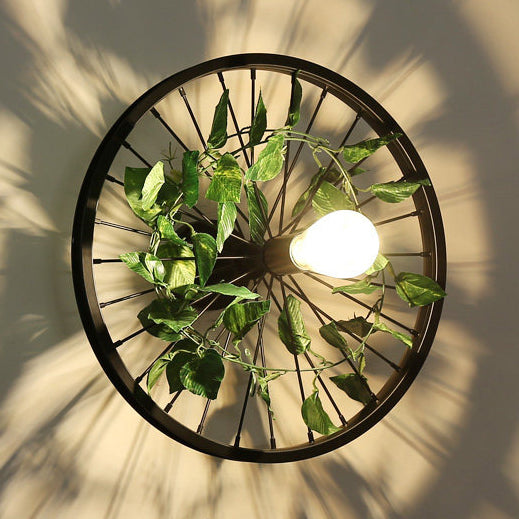 Vivolux | Schwarz 1 Licht Wandmontage Licht Loft Industrie Metallrad Design Wandbeleuchtung mit künstlicher Blumen-/Blattdekoration, 12,5"/16,5" Durchmesser