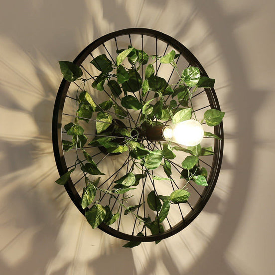 Vivolux | Schwarz 1 Licht Wandmontage Licht Loft Industrie Metallrad Design Wandbeleuchtung mit künstlicher Blumen-/Blattdekoration, 12,5"/16,5" Durchmesser