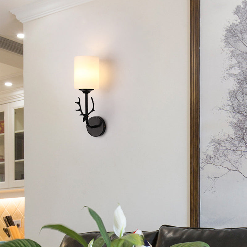 Vivolux | Schwarz/Messing 1-Glühbirne Wandbeleuchtung Ländlich Weißes Glas Zylindrische Wandmontierte Lampe für Wohnzimmer