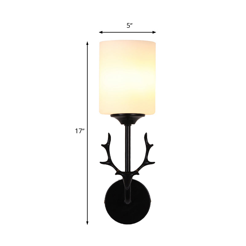 Vivolux | Schwarz/Messing 1-Glühbirne Wandbeleuchtung Ländlich Weißes Glas Zylindrische Wandmontierte Lampe für Wohnzimmer