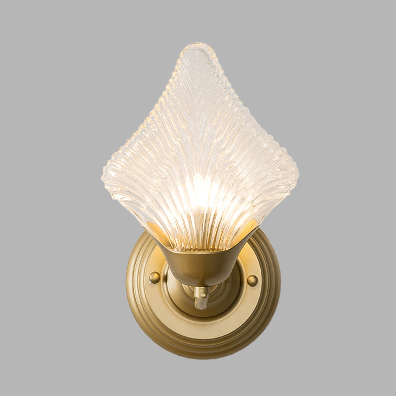 Vivolux | Shell Schlafzimmer Wand Sconce Licht Vintage Klare Rippenglas 1/2 Köpfe Gold Wandbeleuchtungsarmatur