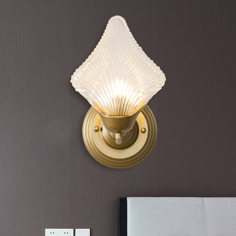 Vivolux | Shell Schlafzimmer Wand Sconce Licht Vintage Klare Rippenglas 1/2 Köpfe Gold Wandbeleuchtungsarmatur