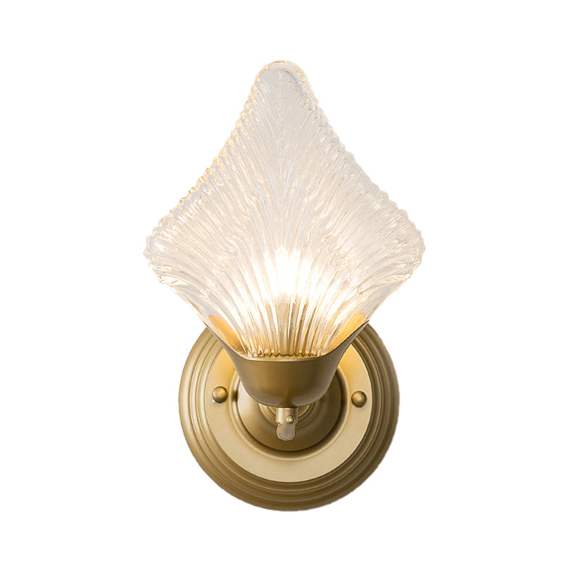Vivolux | Shell Schlafzimmer Wand Sconce Licht Vintage Klare Rippenglas 1/2 Köpfe Gold Wandbeleuchtungsarmatur