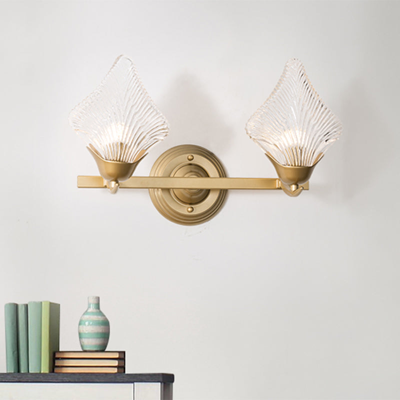 Vivolux | Shell Schlafzimmer Wand Sconce Licht Vintage Klare Rippenglas 1/2 Köpfe Gold Wandbeleuchtungsarmatur