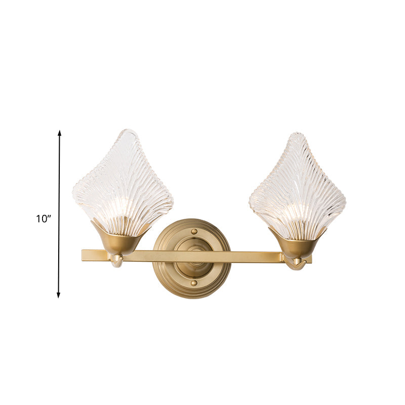 Vivolux | Shell Schlafzimmer Wand Sconce Licht Vintage Klare Rippenglas 1/2 Köpfe Gold Wandbeleuchtungsarmatur
