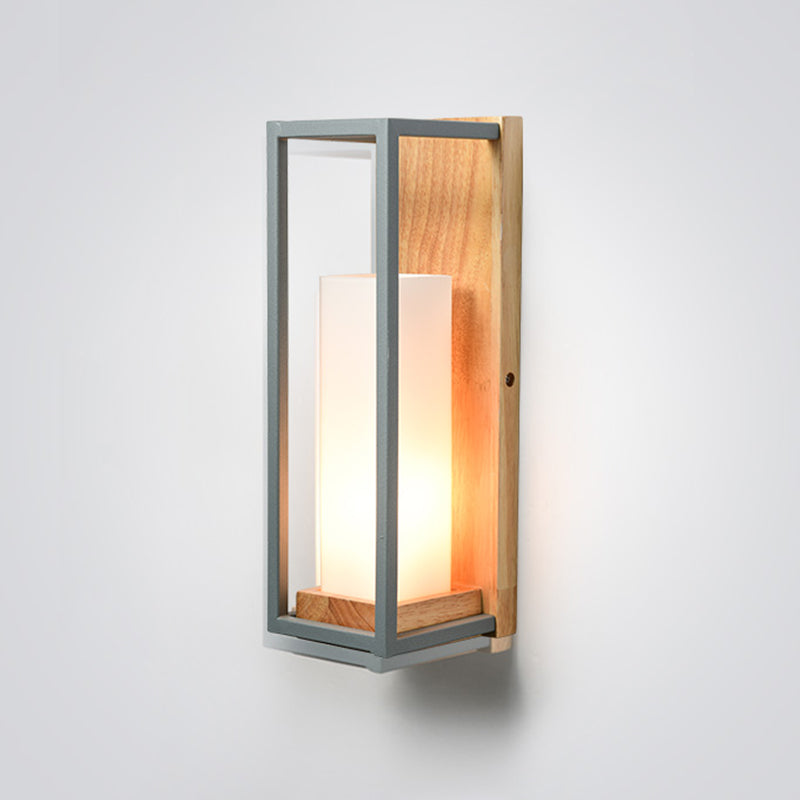 Vivolux | Grijze Tubulaire Wandlamp Aziatisch 1 Peertje Wit Glas Muur Bevestigde Verlichting met Houten Rechthoekige Achterplaat