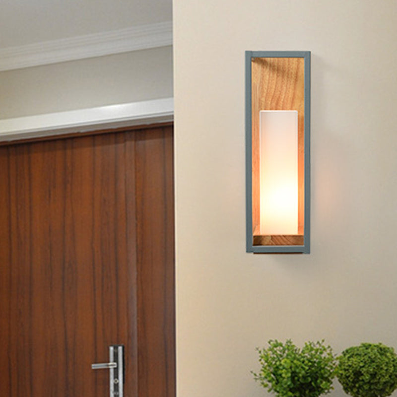 Vivolux | Grijze Tubulaire Wandlamp Aziatisch 1 Peertje Wit Glas Muur Bevestigde Verlichting met Houten Rechthoekige Achterplaat