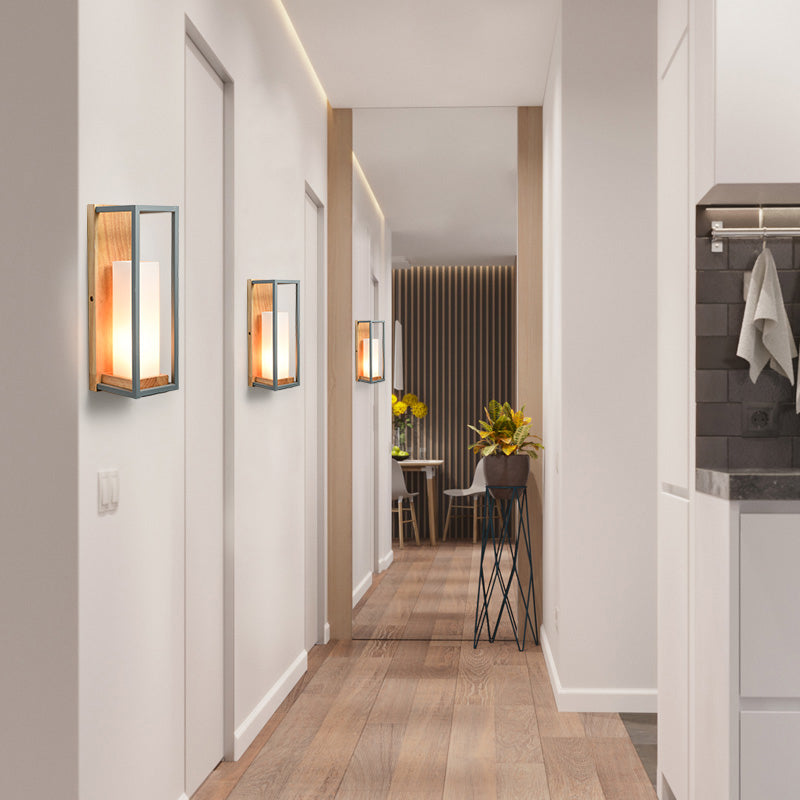 Vivolux | Grijze Tubulaire Wandlamp Aziatisch 1 Peertje Wit Glas Muur Bevestigde Verlichting met Houten Rechthoekige Achterplaat