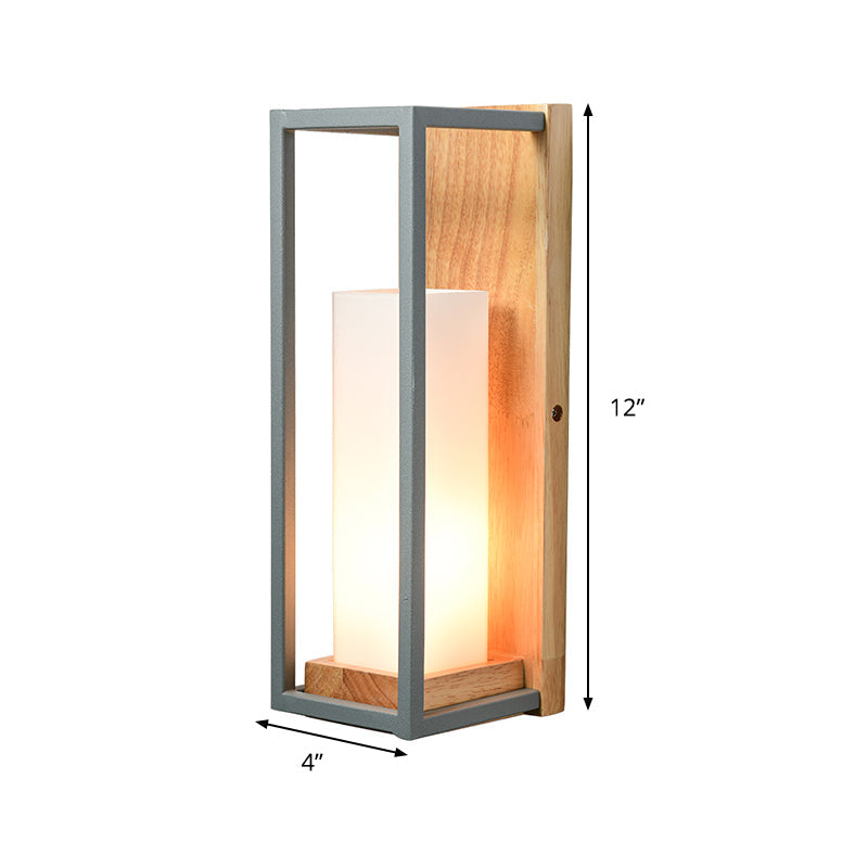 Vivolux | Grijze Tubulaire Wandlamp Aziatisch 1 Peertje Wit Glas Muur Bevestigde Verlichting met Houten Rechthoekige Achterplaat