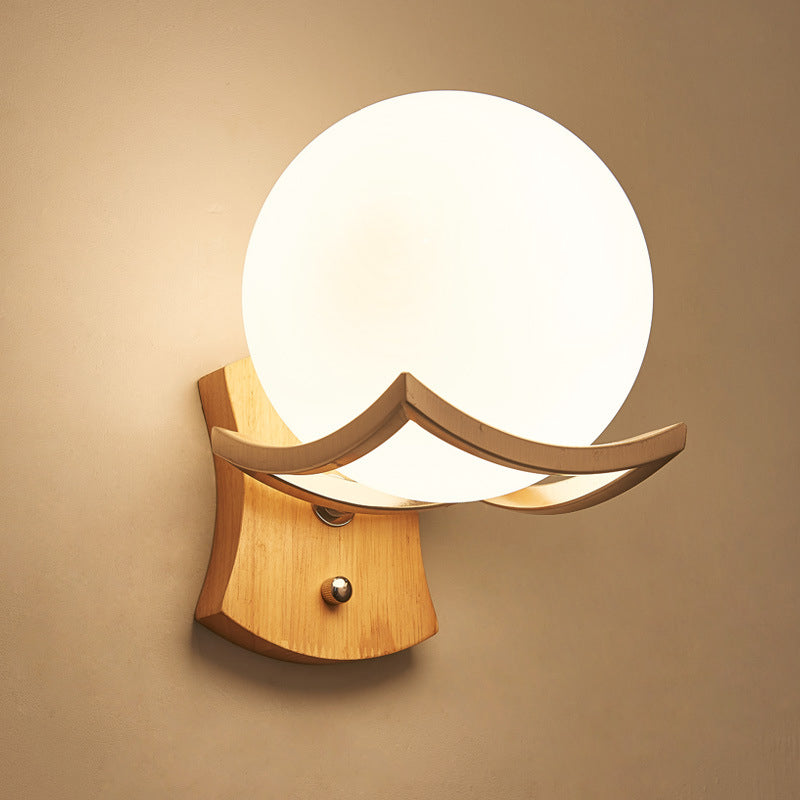 Vivolux | 1 Kopf Treppenhaus Wandlampe Modernismus Holz Wandleuchte mit runder Opalglas-Schirm