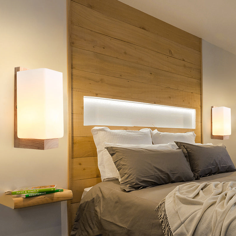 Vivolux | 1 Kopf Treppenhaus Wandleuchte Japanische Holz Wandleuchte mit rechteckigem Milchglas-Schirm
