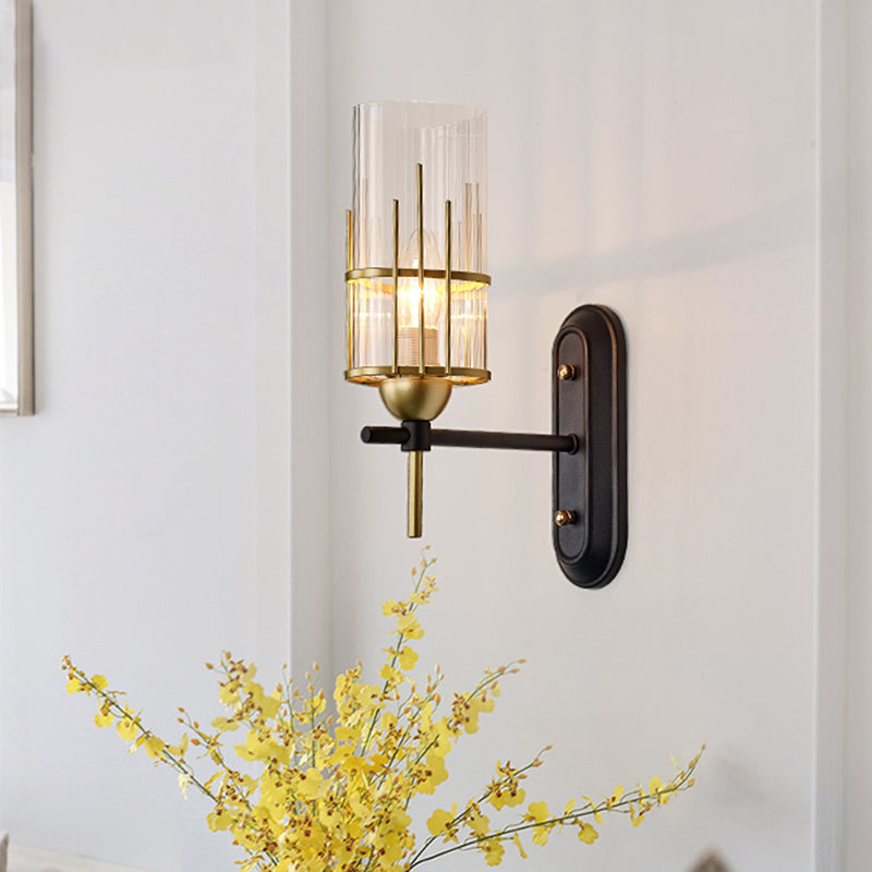Vivolux | 1 Glühbirne Wandlicht Sconce Traditionelle Wohnzimmer Wandbeleuchtungseinrichtung mit zylindrischem klarem Glas-Schirm in Gold