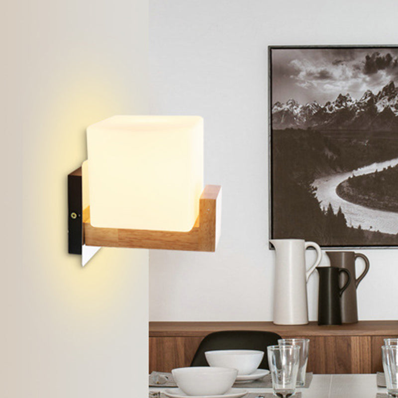 Vivolux | Moderne 1 Kop Wandschijnlicht Houten Vierkante Wandgemonteerde Verlichting met Witte Glazen Schaal