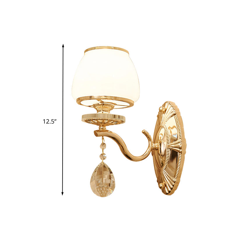 Vivolux | Traditionelle Kuppel-Wandleuchte 1/2 Köpfe Weiße Glas Wandleuchte Beleuchtung in Messing mit herabhängendem Kristall
