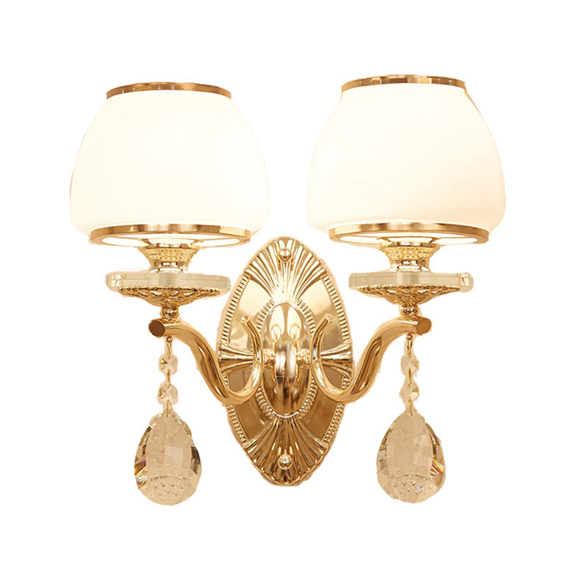 Vivolux | Traditionelle Kuppel-Wandleuchte 1/2 Köpfe Weiße Glas Wandleuchte Beleuchtung in Messing mit herabhängendem Kristall