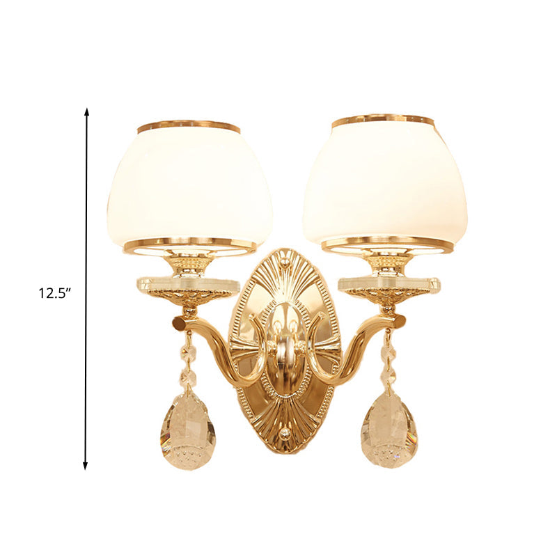 Vivolux | Traditionelle Kuppel-Wandleuchte 1/2 Köpfe Weiße Glas Wandleuchte Beleuchtung in Messing mit herabhängendem Kristall