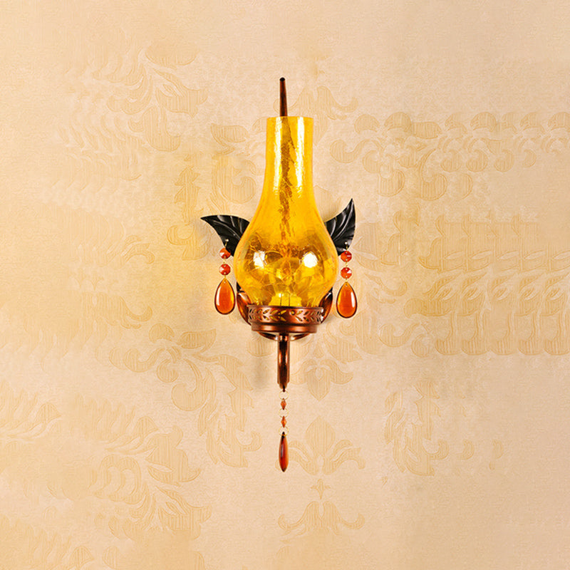 Vivolux | Traditionele Vaas Muurmontage Licht Geel Gebarsten Glas 1 Licht Badkamer Wandlamp Wandarmatuur met Oranje Kristal Deco