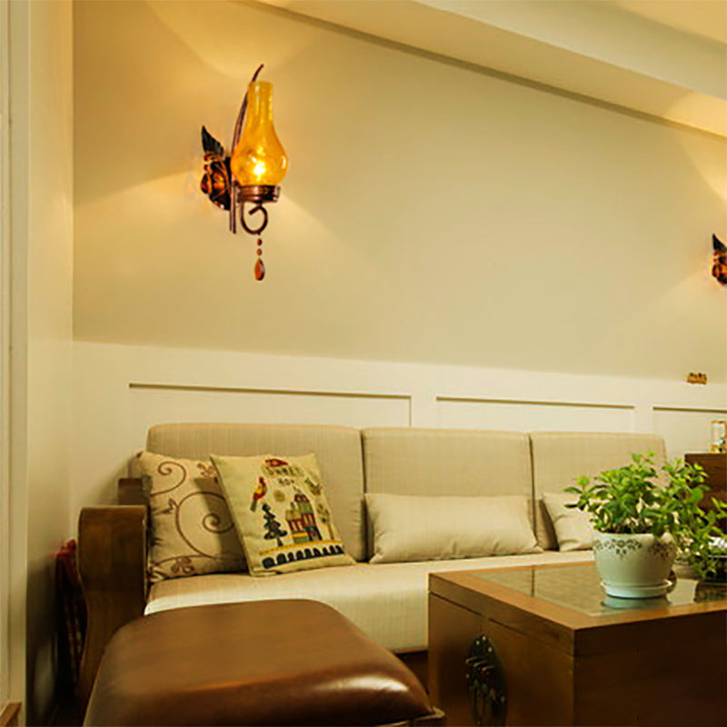 Vivolux | Traditionele Vaas Muurmontage Licht Geel Gebarsten Glas 1 Licht Badkamer Wandlamp Wandarmatuur met Oranje Kristal Deco