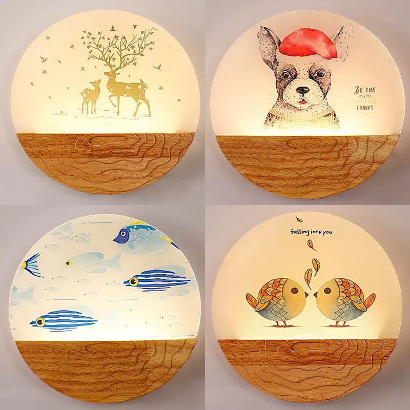 Vivolux | Runde LED-Wandlampe mit tierischer kreativer Holz-Wandleuchte in Beige für den Kindergarten
