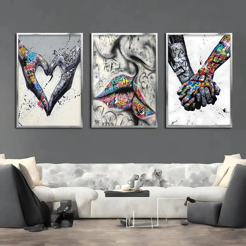 Vivolux | 3PCS Moderne Liebe Hand in Hand Küss den Kuss Poster Graffiti Banksy Straßen Wandkunst Leinwandmalerei Drucke Bilder Raumdekoration