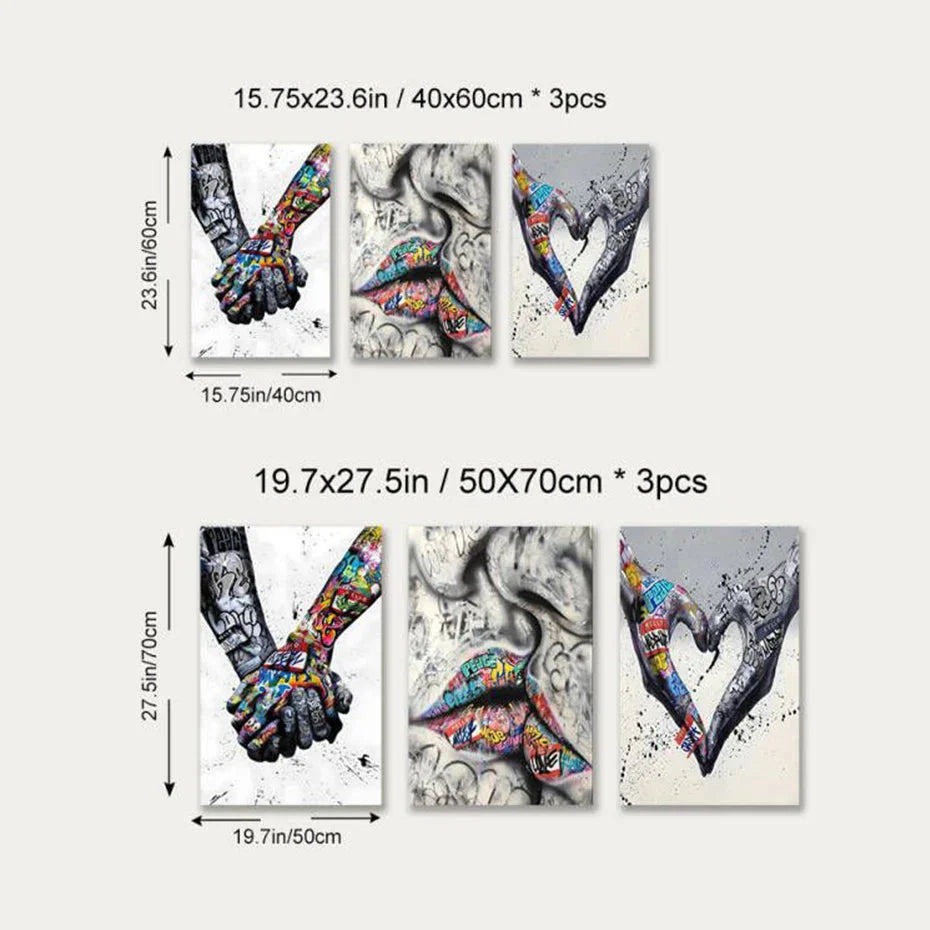 Vivolux | 3PCS Moderne Liebe Hand in Hand Küss den Kuss Poster Graffiti Banksy Straßen Wandkunst Leinwandmalerei Drucke Bilder Raumdekoration