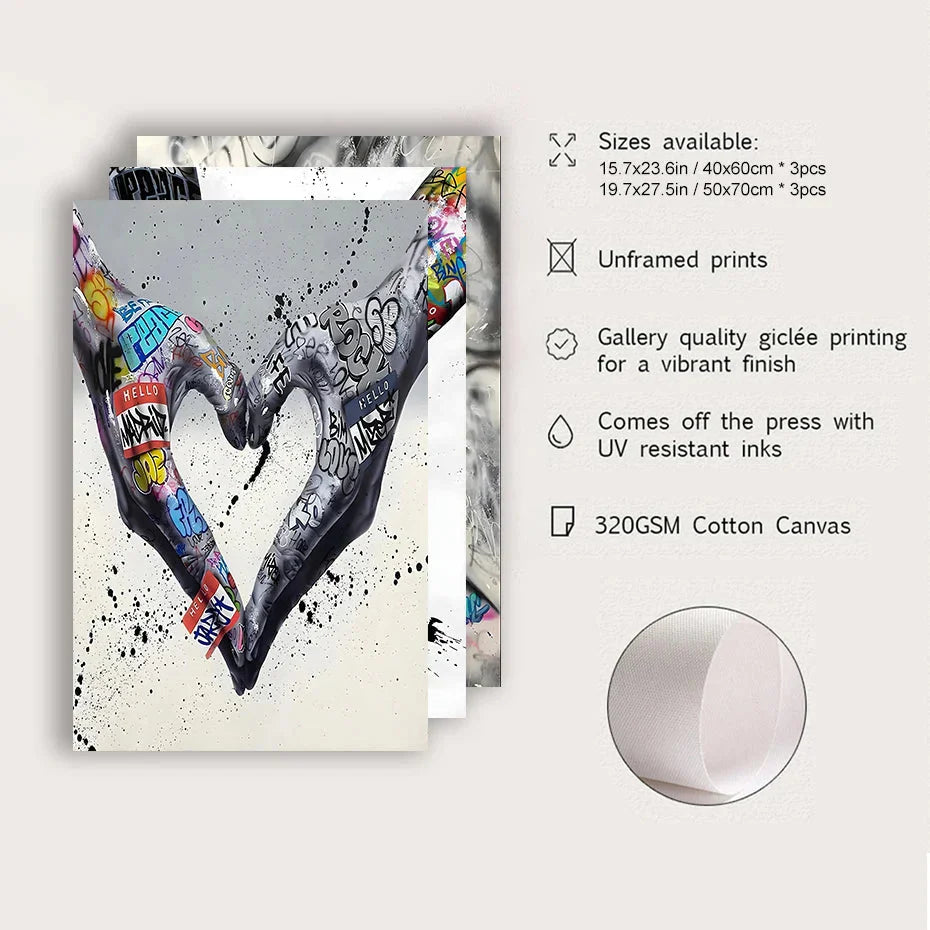 Vivolux | 3PCS Moderne Liebe Hand in Hand Küss den Kuss Poster Graffiti Banksy Straßen Wandkunst Leinwandmalerei Drucke Bilder Raumdekoration