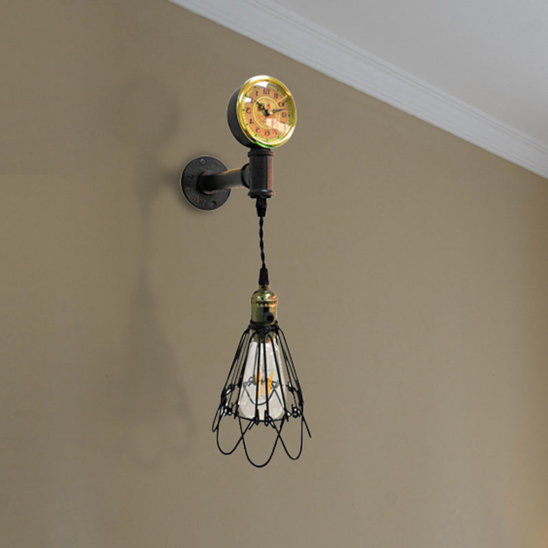 Vivolux | 1 Glühbirne Metall Wandlampe Bauernhaus Gealtertes Messing/schwarzer Drahtrahmen Flur Wandleuchte mit Messgerät