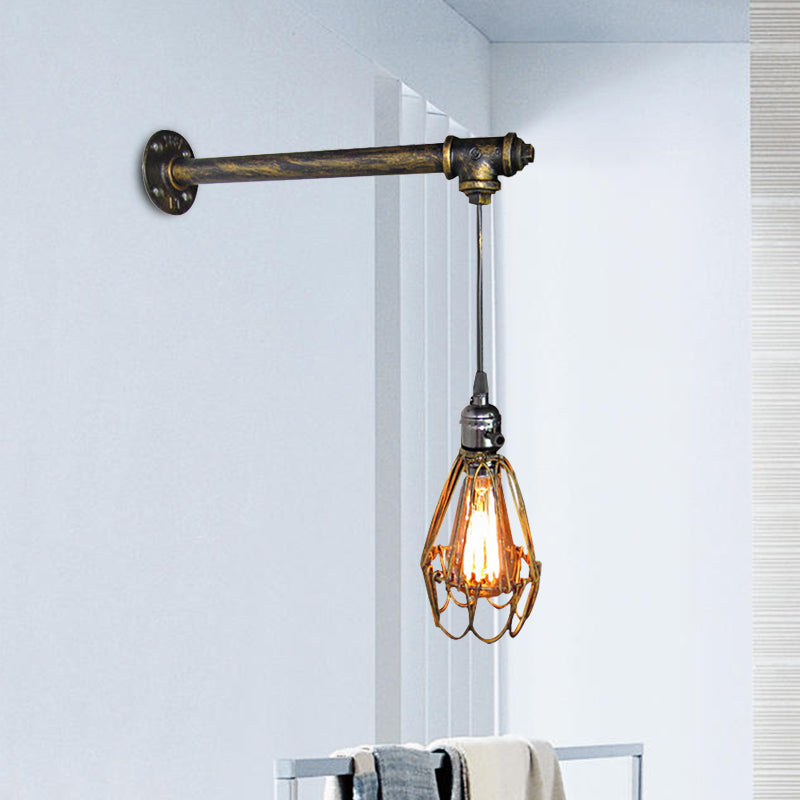 Vivolux | 1 Kopf Eisen Wandlampe Rustikaler Stil Antikes Messing Käfigschatten Esszimmer Wandleuchte mit Rohr