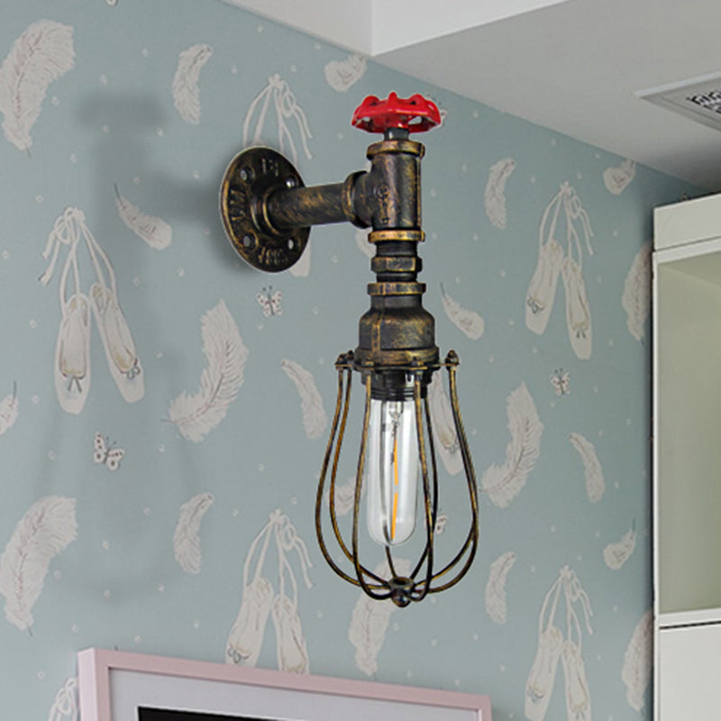 Vivolux | 1 Kopf Glühlampe geformte Wandlampe mit Drahtschutz und rohem Ventil Industrie Antik Messing Eisen Wandmontage Licht