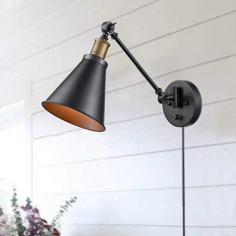 Vivolux | 1 Glühbirne Eisen Wandmontage Licht Vintage Schwarz Swing Arm Wohnzimmer Wandleuchte Lampe mit Kegel Schirm