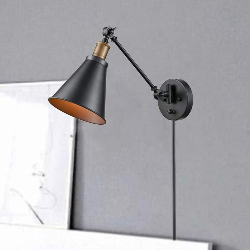 Vivolux | 1 Glühbirne Eisen Wandmontage Licht Vintage Schwarz Swing Arm Wohnzimmer Wandleuchte Lampe mit Kegel Schirm