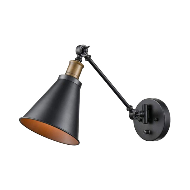 Vivolux | 1 Glühbirne Eisen Wandmontage Licht Vintage Schwarz Swing Arm Wohnzimmer Wandleuchte Lampe mit Kegel Schirm
