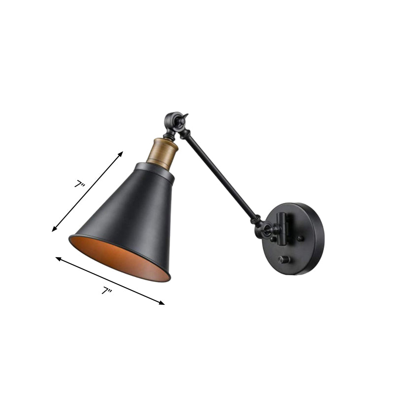 Vivolux | 1 Glühbirne Eisen Wandmontage Licht Vintage Schwarz Swing Arm Wohnzimmer Wandleuchte Lampe mit Kegel Schirm