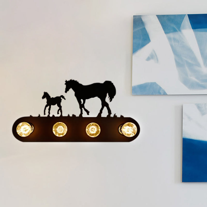 Vivolux | Schwarze Förderband-Wandlicht mit Pferd 4 Lichter Antikes Metall Wandleuchte für Restaurant