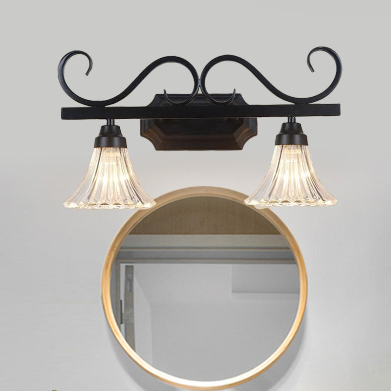 Vivolux | Schwarze 2-Lampen-Wandleuchte Traditionelle Klare Strukturierte Glasglocke Make-Up Beleuchtung für Badezimmer
