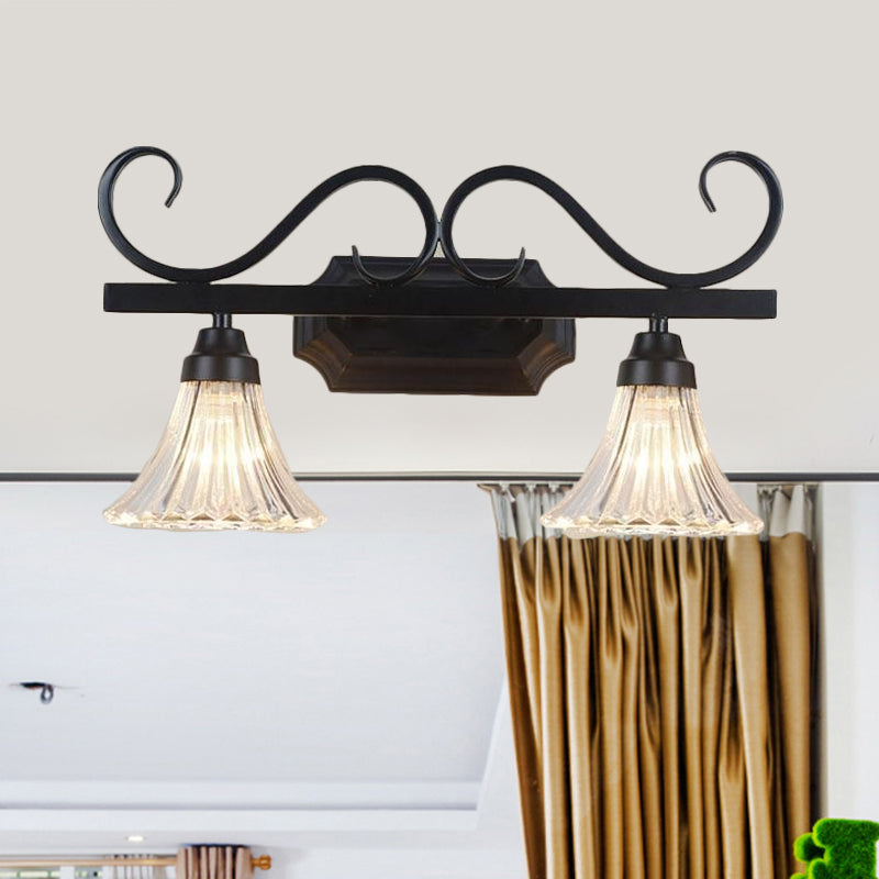 Vivolux | Schwarze 2-Lampen-Wandleuchte Traditionelle Klare Strukturierte Glasglocke Make-Up Beleuchtung für Badezimmer