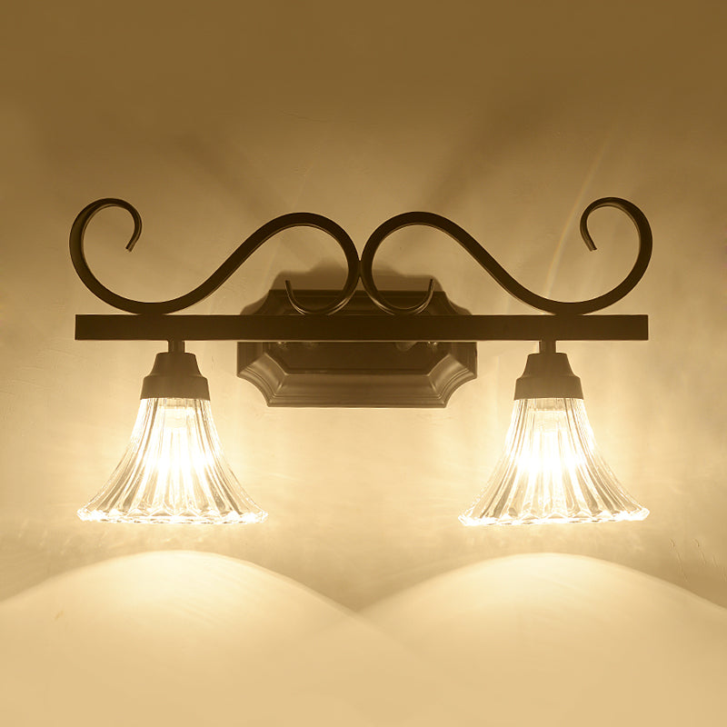 Vivolux | Schwarze 2-Lampen-Wandleuchte Traditionelle Klare Strukturierte Glasglocke Make-Up Beleuchtung für Badezimmer