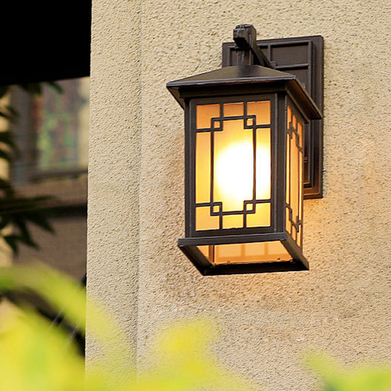 Vivolux | Cuboid Metallic Wall Lighting Land 1 Lamp Außenwandleuchte Sconces in Schwarz mit Gelber Glas-Schirm