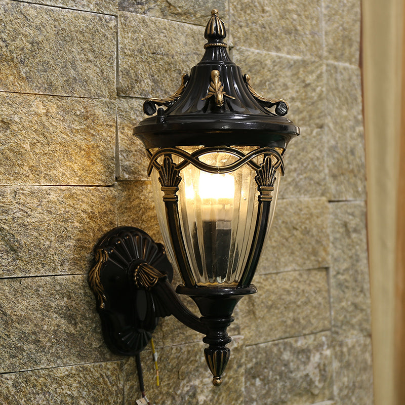 Vivolux | 1 Glühbirne Urne Wand Sconce Licht Loft Messing/schwarzes Metall Wandlampe Leuchte mit klarem geripptem Glas-Schirm