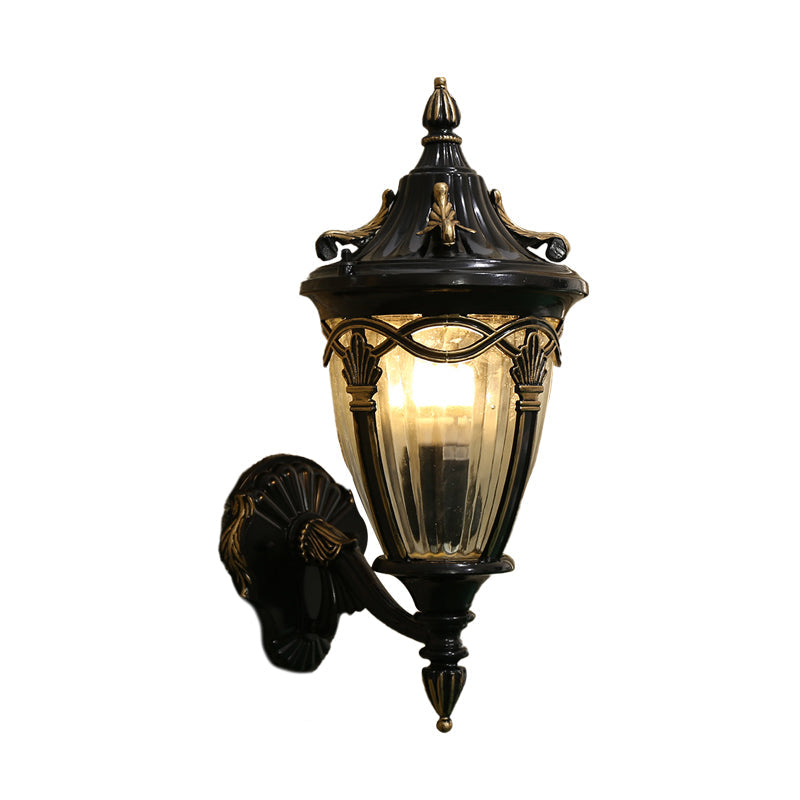 Vivolux | 1 Glühbirne Urne Wand Sconce Licht Loft Messing/schwarzes Metall Wandlampe Leuchte mit klarem geripptem Glas-Schirm