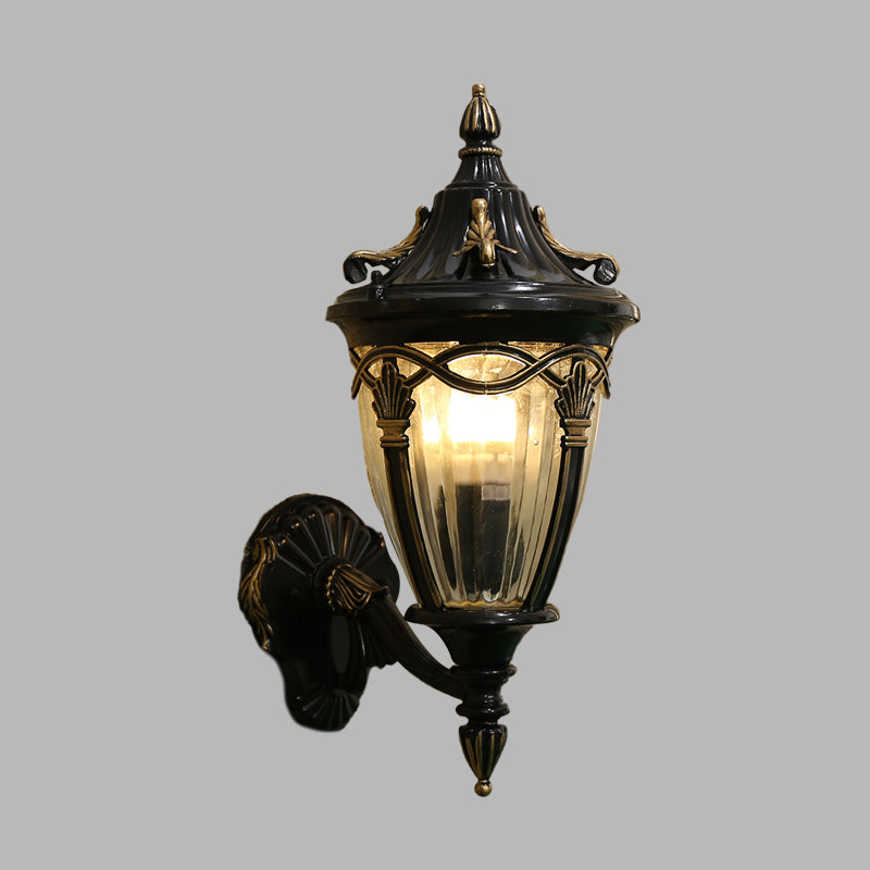 Vivolux | 1 Glühbirne Urne Wand Sconce Licht Loft Messing/schwarzes Metall Wandlampe Leuchte mit klarem geripptem Glas-Schirm