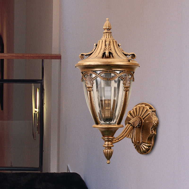 Vivolux | 1 Glühbirne Urne Wand Sconce Licht Loft Messing/schwarzes Metall Wandlampe Leuchte mit klarem geripptem Glas-Schirm