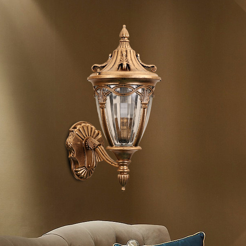 Vivolux | 1 Glühbirne Urne Wand Sconce Licht Loft Messing/schwarzes Metall Wandlampe Leuchte mit klarem geripptem Glas-Schirm