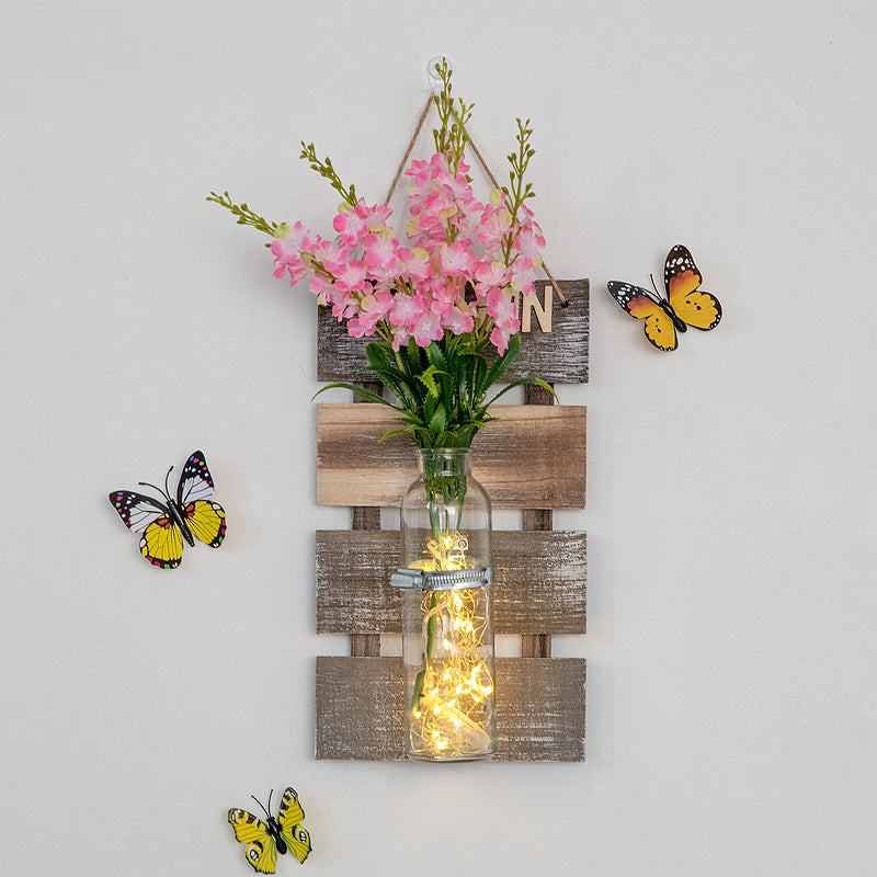 Vivolux | Rosa/Rosa-Gelbe Blumen Wandlampe für Café Klarglas Flasche Lichterkette im zeitgenössischen Stil
