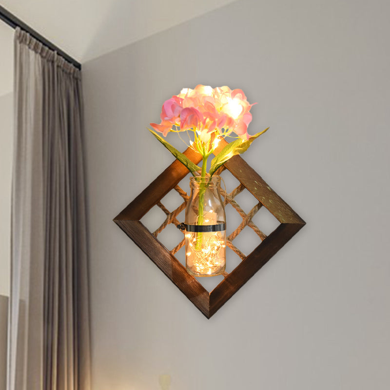Vivolux | Rosa Blume Akzent Wandlicht Asiatischer Stil Klarglas Lichterkette mit Holzrückplatte