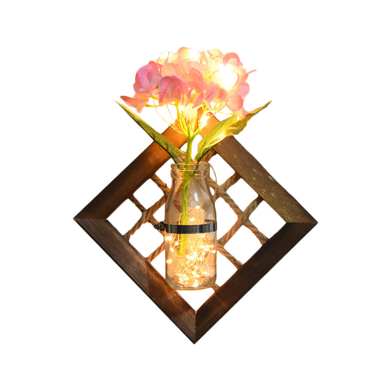 Vivolux | Rosa Blume Akzent Wandlicht Asiatischer Stil Klarglas Lichterkette mit Holzrückplatte