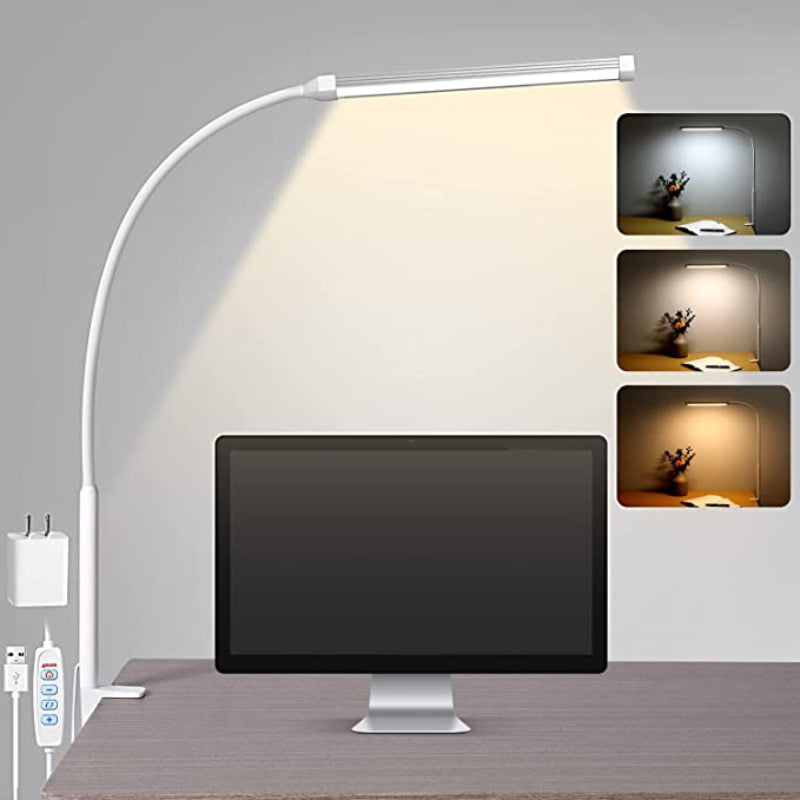 Vivolux | LED Schreibtischlampe mit Lampe, augenschonenden Clip-On-Lichtern für das Home Office, 3 Modi 10 Helligkeitsstufen, langer flexibler Schwanenhals, Metall, Schwenkarm Architekten-Task-Tischlampen mit USB-Adapter, Weiß