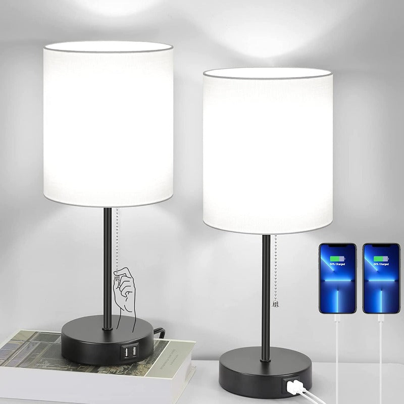 Vivolux | Tischlampen Set von 2 mit USB-Ladeanschlüssen, graue Nachttischlampen mit AC-Steckdose, Nachttischlampen mit Zugschalter, minimalistische moderne Schreibtischlampen mit Stoffschirm für Wohnzimmer Schlafzimmer Büro