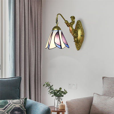 Vivolux | 1 Kop Petal Wandmontage Licht Tiffany Geel/Blauw-Wit Glas Wandlamp Met Sirene Achterplaat